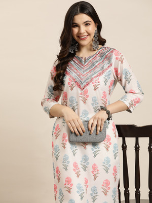 BKApparels Women Chikan Embroidery Straight Kurta(White, Pink, Light Blue)
