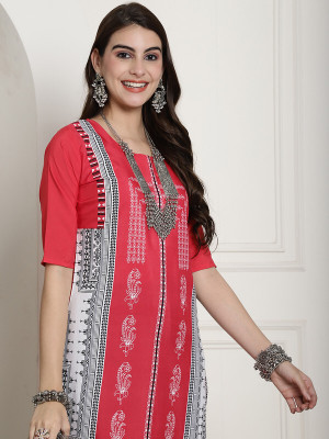 1 Stop Fashion Women Printed Straight Kurta(Red, White, Black)