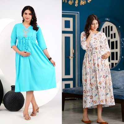 Khoj Bagda Women Printed Anarkali Kurta(Blue)