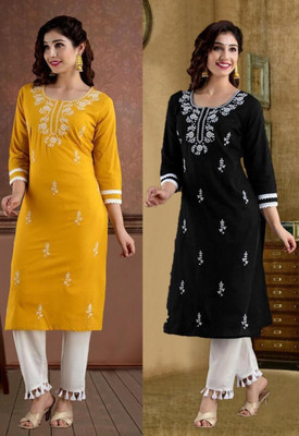 SISTO Women Chikan Embroidery Straight Kurta(Multicolor)
