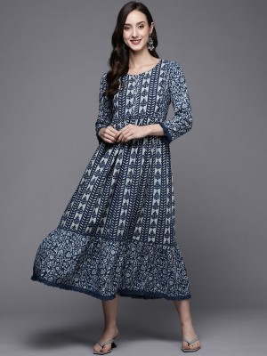 Indo Era Women Printed Ethnic Dress Kurta(Blue)