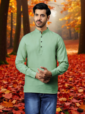 FireFish Men Solid A-line Kurta(Light Green)