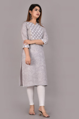METAFAB Women Printed Straight Kurta(Grey)