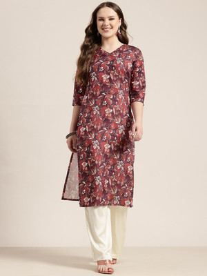 HERE&NOW Women Floral Print A-line Kurta(Brown)