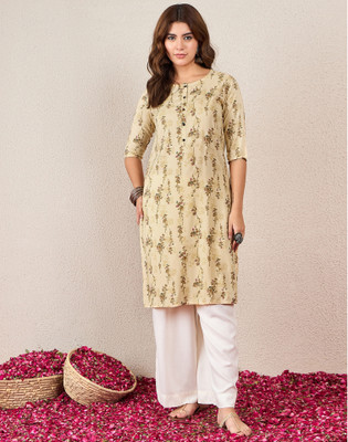 Uparna Women Printed, Embellished Straight Kurta(Beige, White)