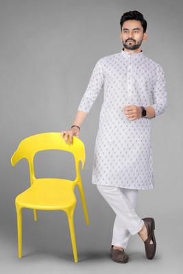 DHASU TRENDZ Men Printed Straight Kurta(White)