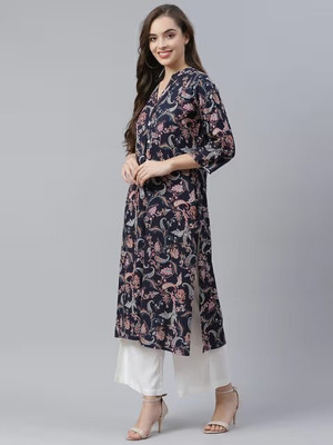 KALLAXI Women Printed Straight Kurta(Black)