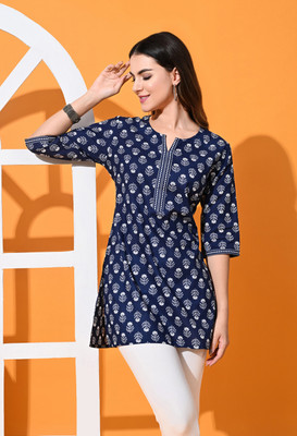 PIROKI Women Printed Straight Kurta(Blue)