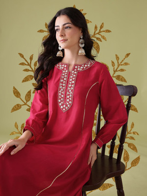 ANOUK Women Geometric Print A-line Kurta(Maroon)