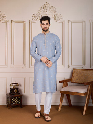 House of Pataudi Men Printed Straight Kurta(Grey)