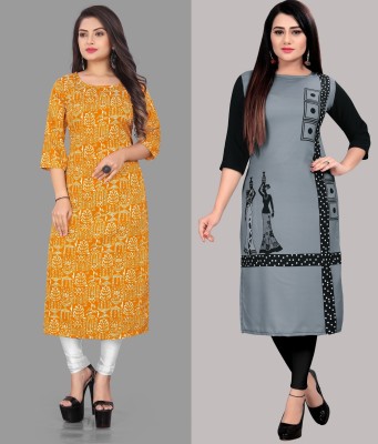 maruti fab Women Printed Straight Kurta(Grey, Yellow)