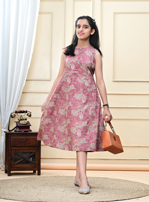 DMP EXPORT Girls Floral Print Flared Kurta(Pink)