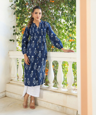 Janasya Women Floral Print Flared Kurta(Blue)