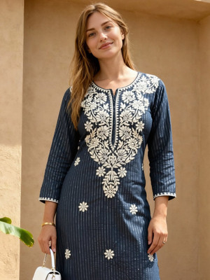 Indo Era Women Embroidered Straight Kurta(Blue)