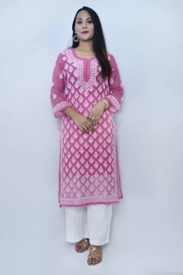 Lucknow Trychikankari Women Self Design Straight Kurta(Pink)