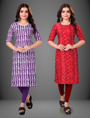 MOBHISA Women Printed Straight Kurta(Red)
