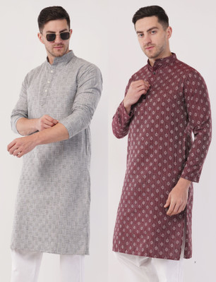 Sypher Boutique Men Self Design Straight Kurta(Grey, Maroon)