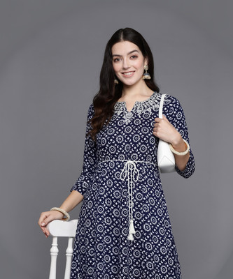Indo Era Women Embroidered A-line Kurta(Dark Blue, White)