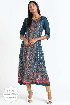 Aurelia Women Printed A-line Kurta(Blue)