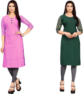 HOFC Women Solid Straight Kurta(Pink, Dark Green)