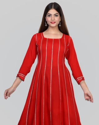 METRO-FASHION Women Embellished Ethnic Dress Kurta(Silver, Red)