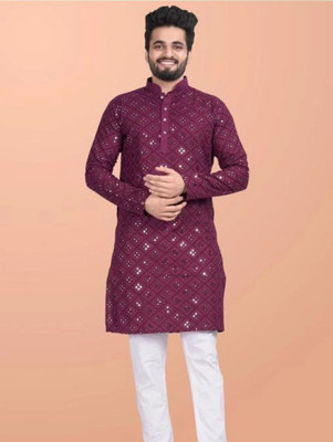 kingenterprise Men Embroidered Straight Kurta(Purple)