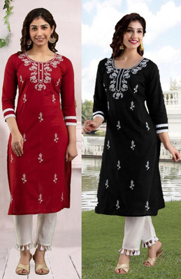 vikshi Women Chikan Embroidery Straight Kurta(Multicolor)