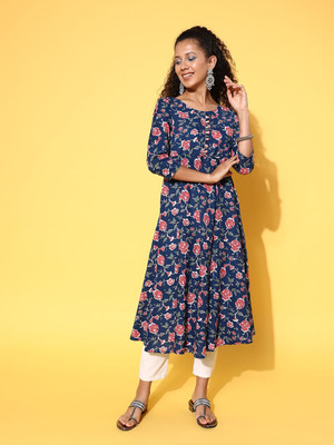 all about you Women Printed A-line Kurta(Blue)