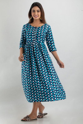 Henal Women Printed Flared Kurta(Blue)