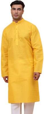 kraft india Men Chikan Embroidery Straight Kurta(Yellow)