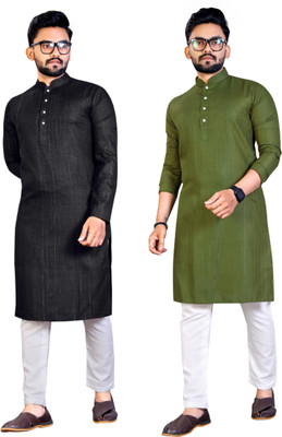 JENZEE Fashion Men Solid Straight Kurta(Black, Green)