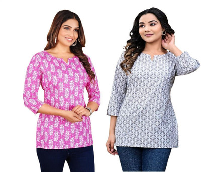 GURUFASHIONS Women Printed Straight Kurta(Pink, Grey)