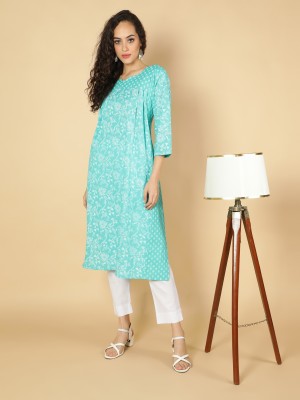 Fabclub Women Floral Print A-line Kurta(Light Blue)