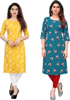 Gitanjali Trend Women Printed Straight Kurta(Yellow, Blue)