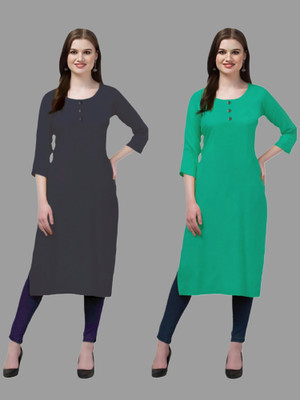 HOFC Women Solid Straight Kurta(Grey, Light Green)