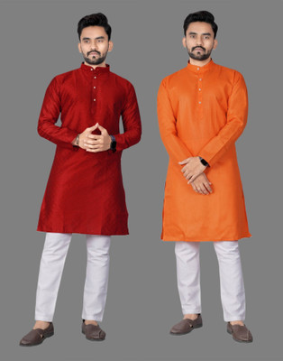DHASU TRENDZ Men Self Design, Solid Straight Kurta(Red, Orange)
