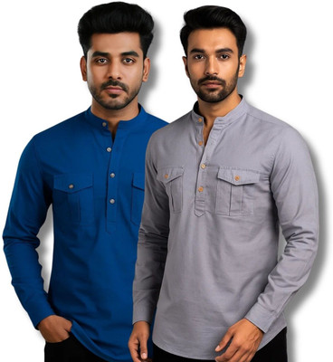 ClothTheory Men Solid Straight Kurta(Grey, Dark Blue)