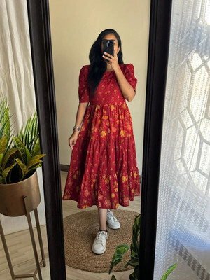 KUnzkes Women Printed Anarkali Kurta(Red)