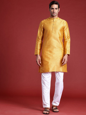 ANOUK Men Woven Design Straight Kurta(Yellow)