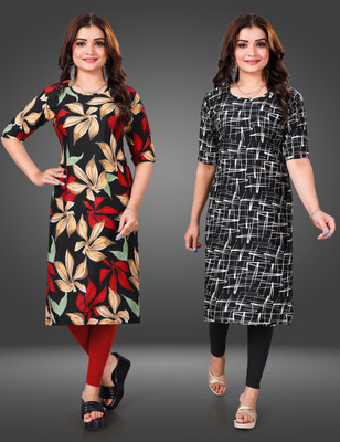MOBHISA Women Printed Straight Kurta(Black)