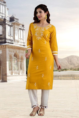 vikshi Women Chikan Embroidery Straight Kurta(Yellow)