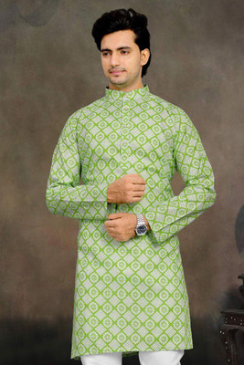 Nirwear creation Men Printed Straight Kurta(Green, White)