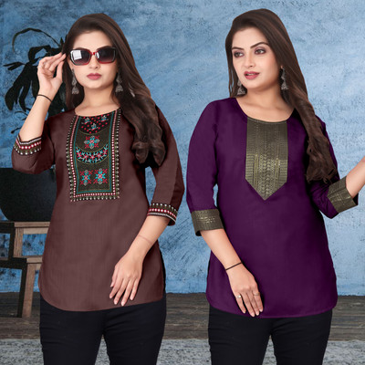 FSR Women Solid, Embroidered A-line Kurta(Multicolor)