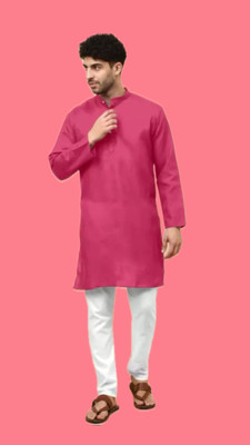 HouseOfCommon Men Solid A-line Kurta(Pink)