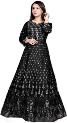 Aashiward Women Printed Anarkali Kurta(Black)