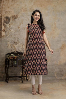 Stylum Women Floral Print, Embroidered, Embellished Straight Kurta(Black, Brown)