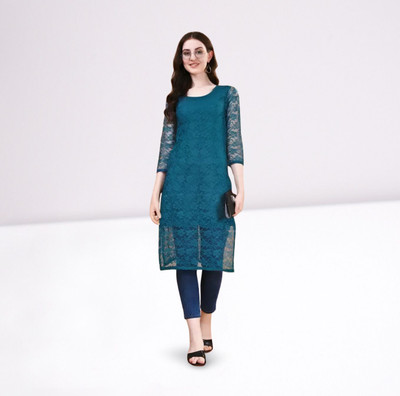 HOC's Women Self Design Straight Kurta(Blue)