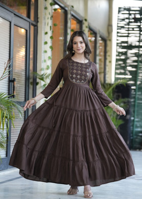 Valmo Women Printed Flared Kurta(Brown)