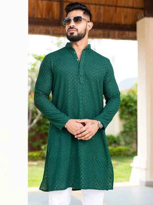 click n buy Men Embroidered Straight Kurta(Dark Green)