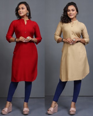 maher fashion Women Solid A-line Kurta(Red, Beige)